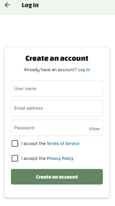 Luminatens app screen - Account Creation