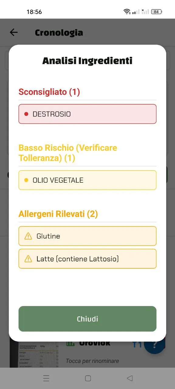 App Luminatens - Risultati analisi ingredienti